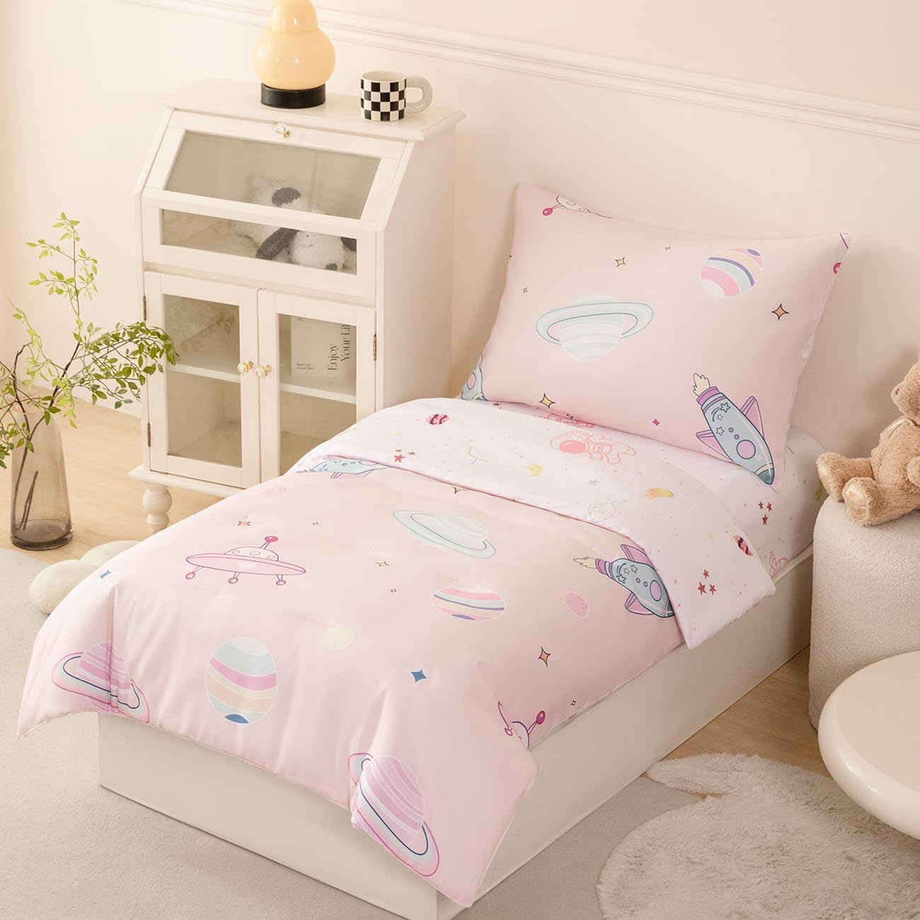 PERFEMET 4 Piece Toddler Girl Bedding Set Space Theme Pink Toddler Bed Set with Sheets Soft Reversible Astronaut Planets Crib Bed Comforter for Kids Girls