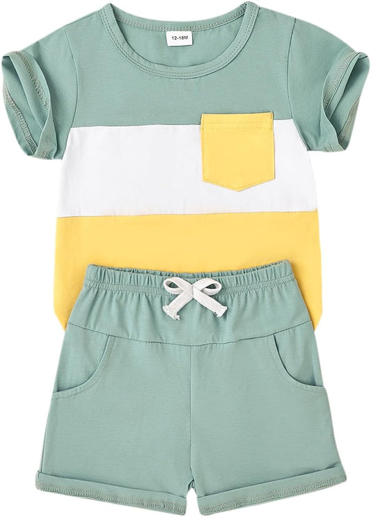 Baby Boy Clothes Toddler Boy Summer Outfits Short Sleeve Patchwork Top T-shirt & Pocket Pant Set 2 Piece 12 Months-4T
