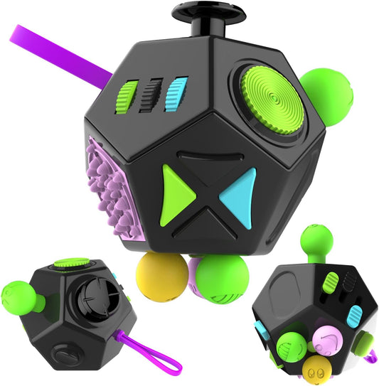 Fidget Toys Cube Relieve Stress Anti Anxious Depression 12-Sided Cube for Children and Adults with ADHD ADD OCD Autism Creative Toy (Green Pink Black-B2)