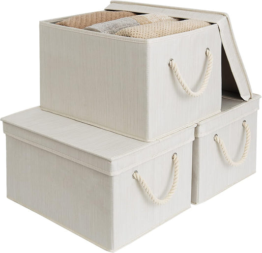 StorageWorks Storage Bins with Lids, Decorative Storage Boxes with Lid and Soft Rope Handles, Foldable Storage Baskets for Closet, Shelves, Stackable, Ivory and White, Jumbo, 3-Pack
