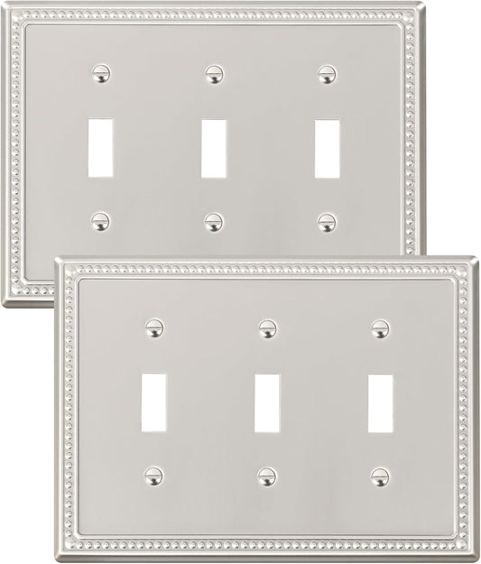 2-Pack Triple Toggle Light Switch Cover Plate, Pearls Decorative Switch Plate Covers, Brushed Nickel 3 Gang Metal Wall Plate
