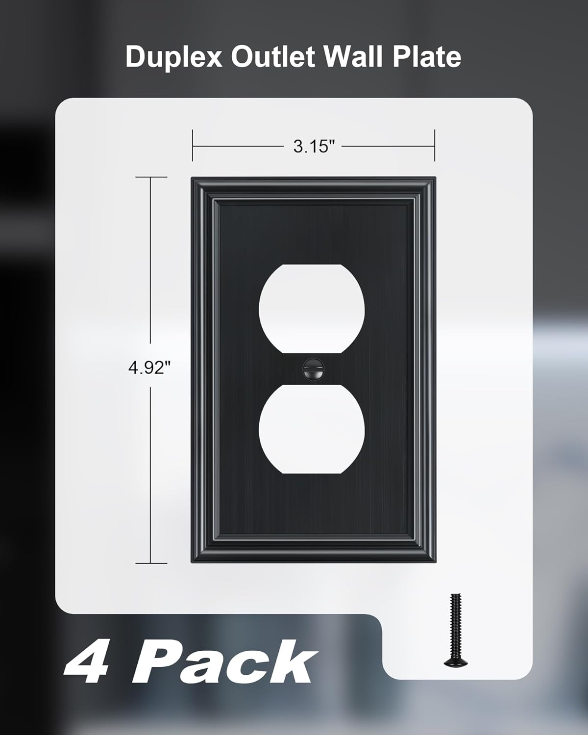 4-Pack Duplex Outlet Cover, Durable Solid Zinc Alloy Decorative Switch Plates and Outlet Covers, Black Wall Plates for Electrical Outlets, 1 Gang Receptacle Cover, Corrosion Resistant