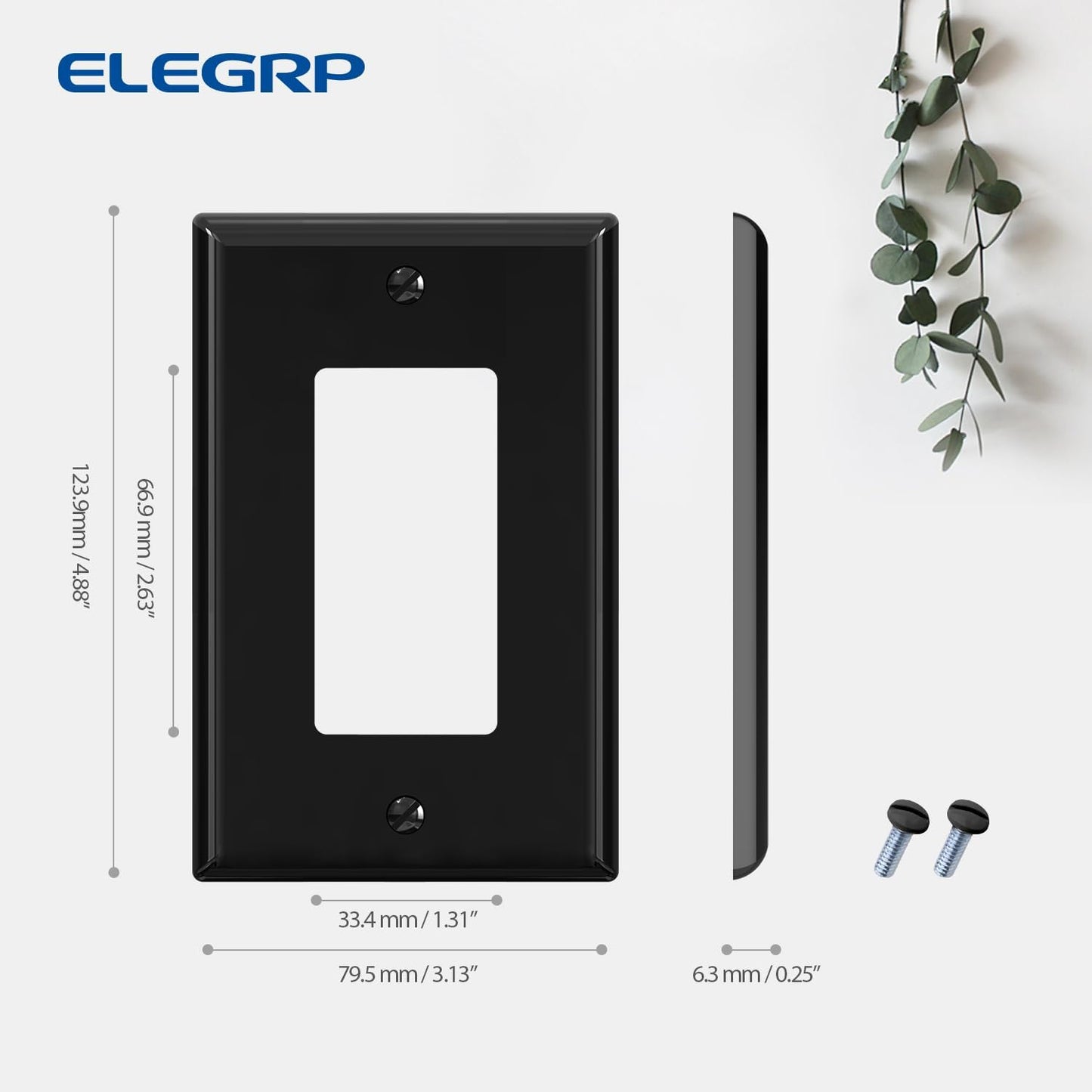 ELEGRP Decorative Receptacle Wall Plate, 1-Gang Mid Size Decorator Covers, Unbreakable Polycarbonate Faceplates for Decorator Device, UL Listed, Screws Included (1 Pack, Glossy Black)