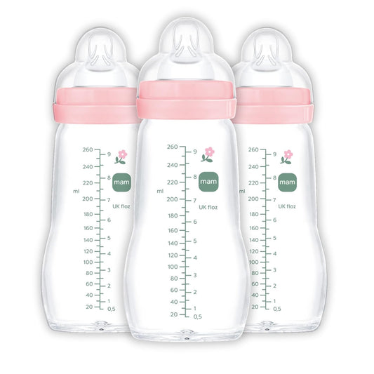 MAM Feel Good Slow Flow, Premium Glass Baby Bottles, Newborn Essentials Must Have, Easy Switch Between Breast and Bottle, 9oz, 2+ Months, BPA Free, Girl, 3 Pack