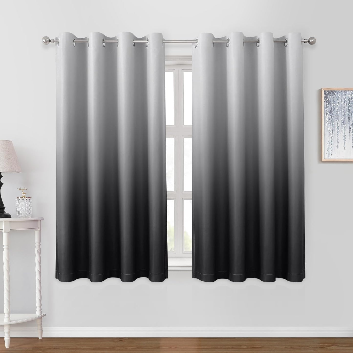 HOMEIDEAS Black Ombre Blackout Curtains 52 X 63 Inch Length Gradient Room Darkening Thermal Insulated Energy Saving Grommet 2 Panels Window Drapes for Living Room, Bedroom