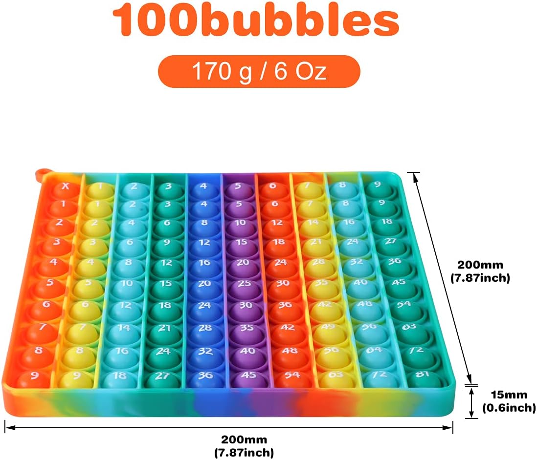 9 x 9 Multipication Games, Kingmall Rainbow Square Fidget Toy 100bubbles Stress Relieving Multiplication Pop for Teachers to Create Kinds of Math Manipulatives【with 1-9 Multiplication Tables】