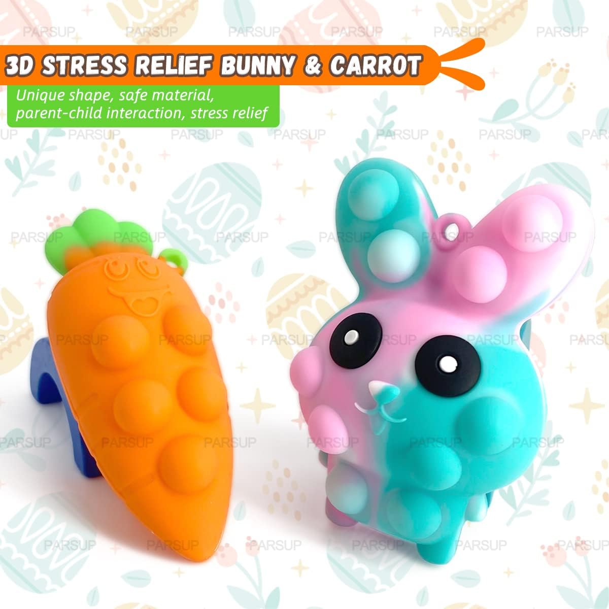 4PCS Easter Pop Stress Balls Fidget Toys, 3D Bunny + Carrot Push Bubble Sensory Balls Fidget Toy, Soft Silicone Squeeze Toys for Kids Adults Stress Relief Party Favors