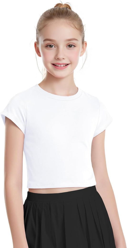 Auranso Girls Crop Tops Summer Short Sleeve Round Neck T Shirts Basic Tee for Kids