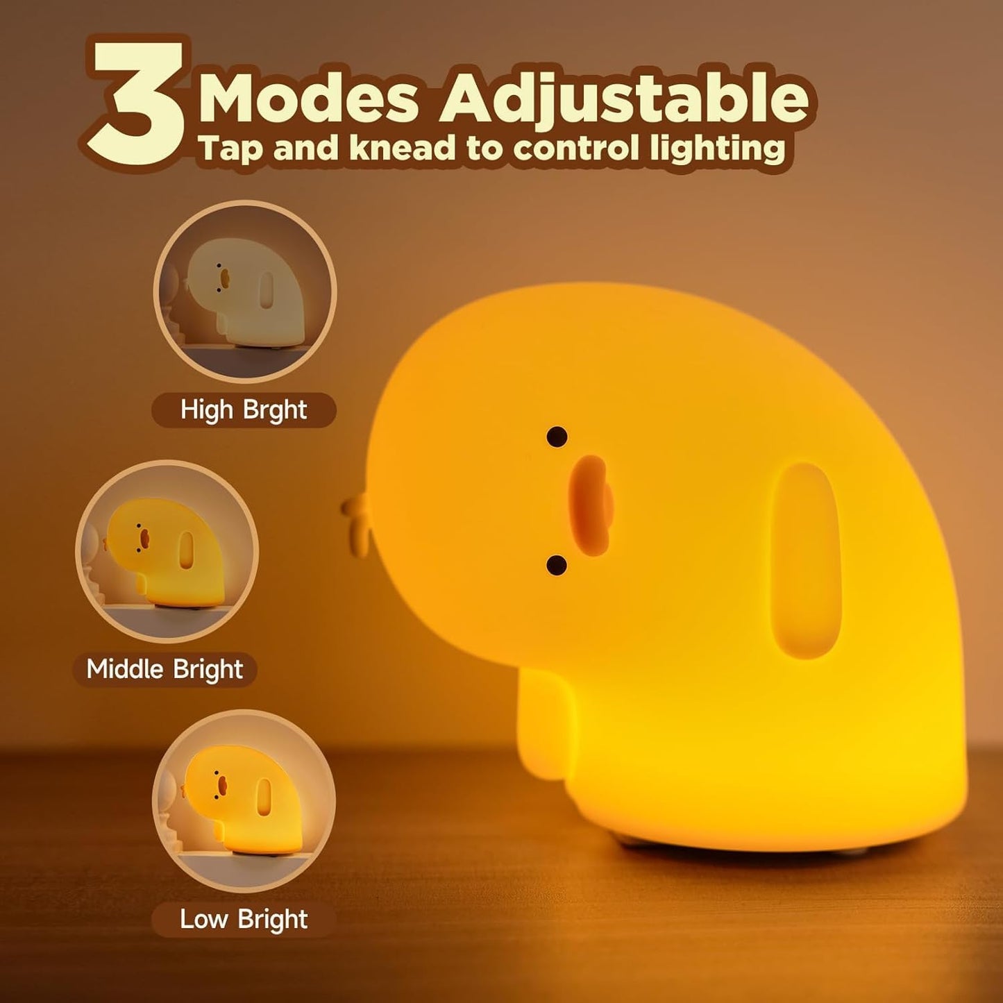 Cute Duck Lamp, Fun Lying Flat Animal Night Light - LED Squishy Novelty Duck/Chicken/Pig/Rabbit/Panda for Kids, Toddlers, Nursery - Touch Kawaii Room/House Decor