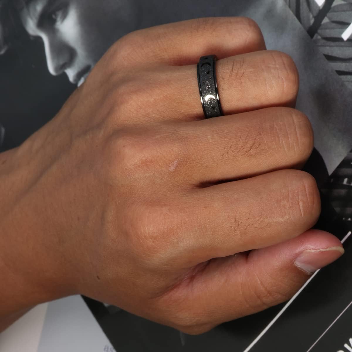 Anxiety Ring for Women Men, Titanium Stainless Steel Spinner Ring, 5 Colors, 6MM, Size 6-10, 3 Styles Anxiety Ring-Moon Star, Sandblasted Finished, Hollow Outer