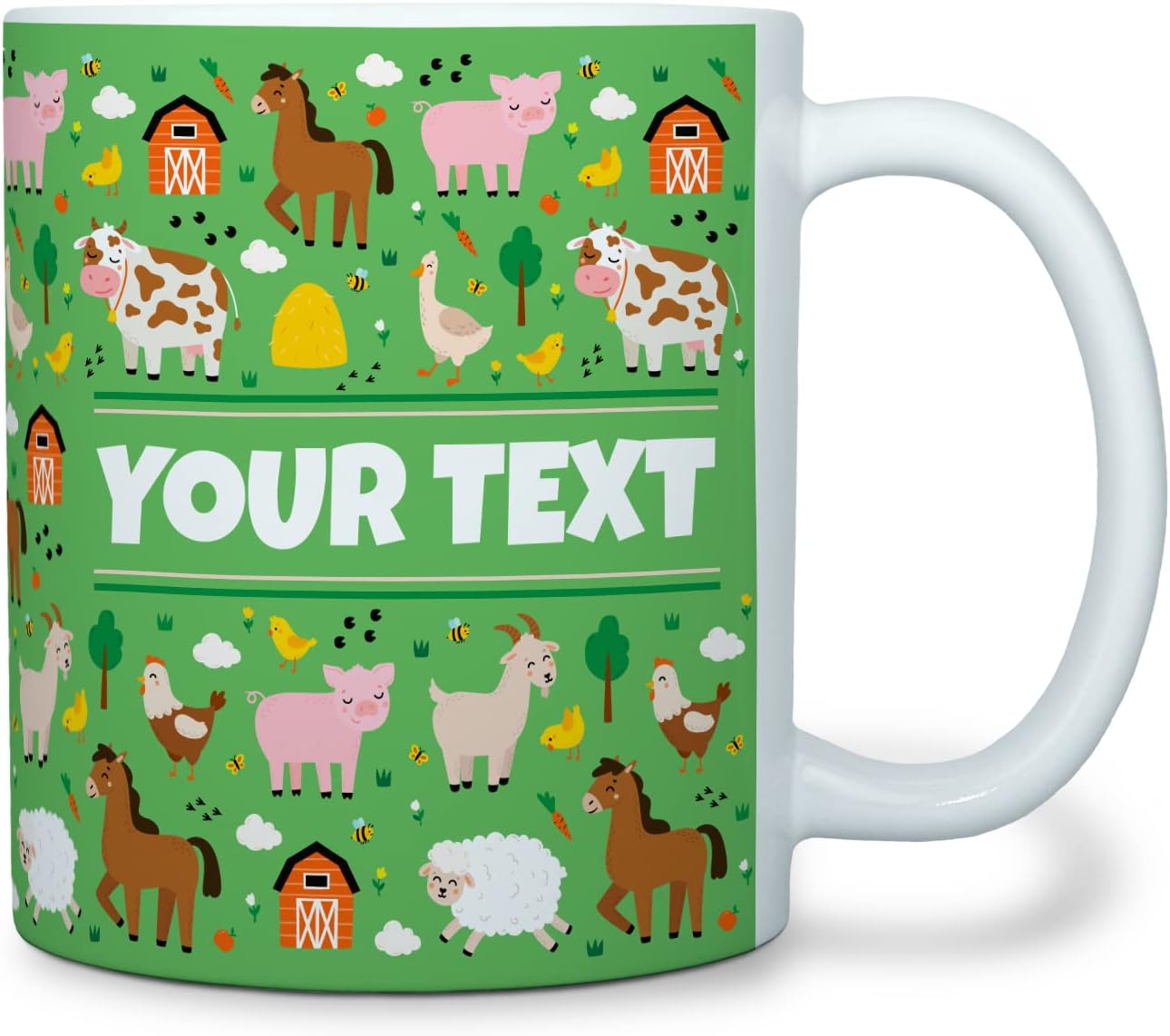 Personalized Mug for Kids - Farm Animals - Custom Name/Text, Ceramic Hot Chocolate/Cocoa/Coffee Cup for Boys/Girls, Birthday/Christmas/Holiday Gift - 11 oz, White Handle