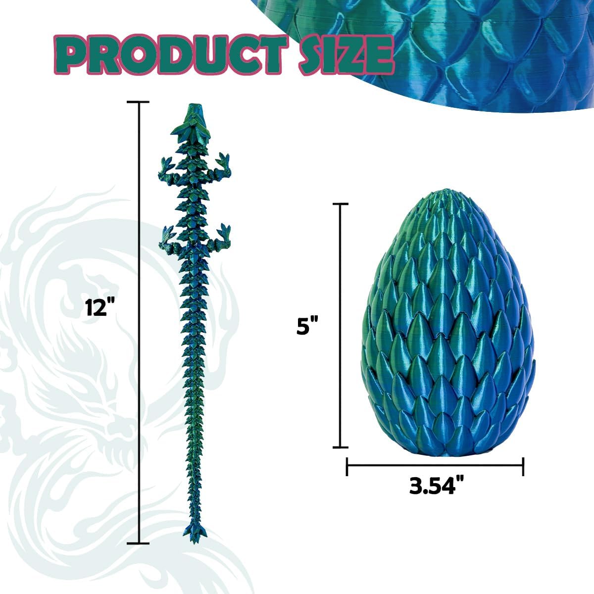 Dragon Eggs with Dragon Inside, 12In Laser Blue Green 3D Printed Dragon Egg Fidget Toy, Executive Desk Articulated Dragon Toy, Home Office Decor