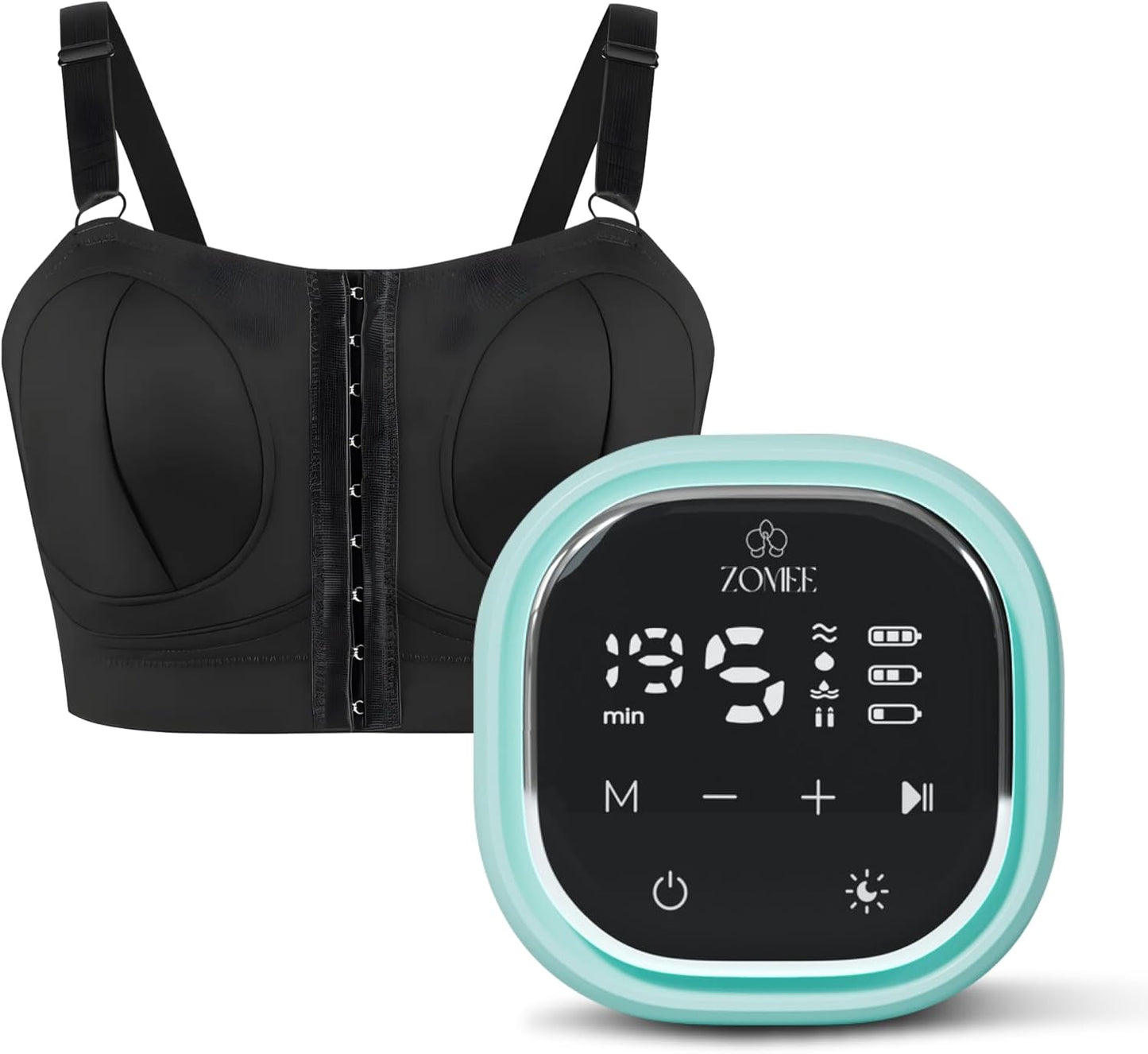 Zomee Z2 Double Electric Breast Pump - Shabbat Mode Edition - Portable, Hands Free Pumping Hospital Grade Wearable Breast Pump Including; Black Bamboo Pumping Bra (Large)
