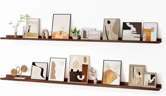 Floating Picture Ledge Shelves for Wall Set of 2, 72 Inches Picture Ledge Shelf with Long Large Nursery Book Shelf for Toys Storage Kids Bookshelf Wall Mounted Living Room Bedroom Decor Frames, Walnut