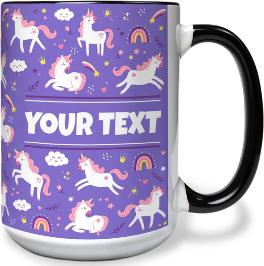 Personalized Mug for Kids - Purple Unicorn - Custom Name/Text, Ceramic Hot Chocolate/Cocoa/Coffee Cup for Girls, Birthday/Christmas/Holiday Gift - 15 oz, Black Handle
