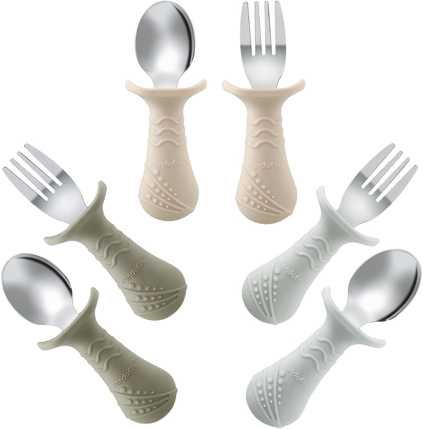 PandaEar Baby Toddler Fork and Spoon Utensil Set, 6 Pack Silicone Stainless Steel Silverware Spoon Fork for Babies Toddler, BPA Free with Silicone Holding Anti-Choke Design (Light Tan&Walnut&Grey)