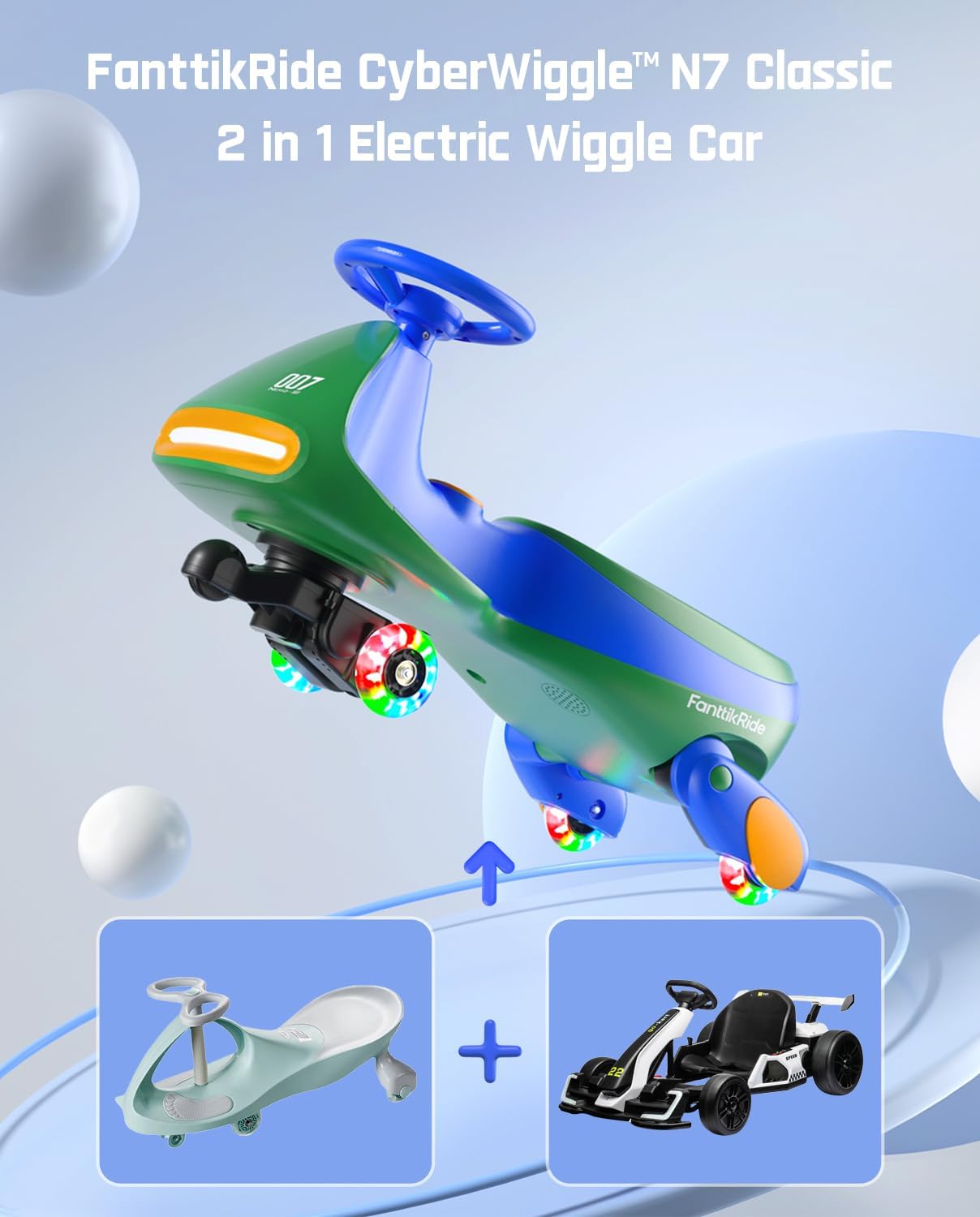 FanttikRide 6V N7 Classic Electric Wiggle Car with Pedal, Rechargeable Battery, Ride on Toys, Swing Car, 2 Speeds, Anti-Rollover, Flashing Light Wheels, Bluetooth, for Ages 3 and Up, 150 Lbs, Green