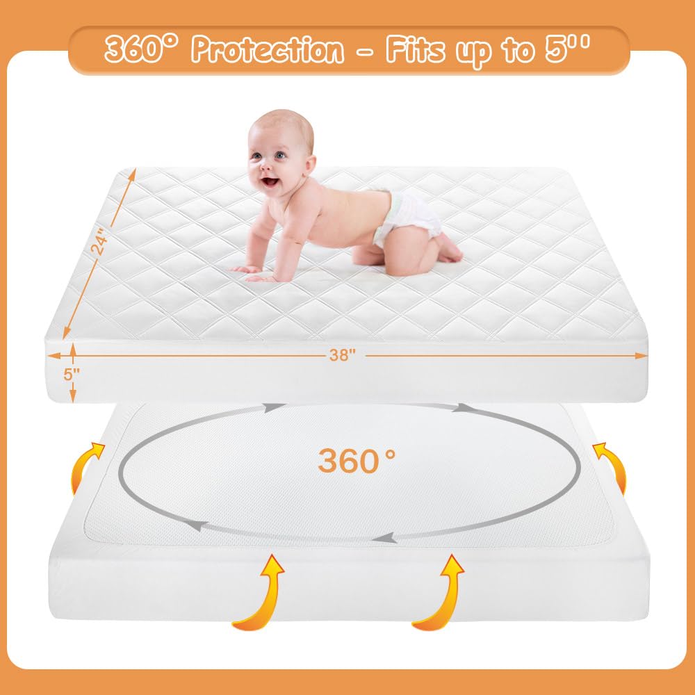 Yoofoss Waterproof Mini Crib Mattress Protector 2 Pack, Quilted Mattress Pad Cover Soft and Breathable, Machine Washable Portable Mattress Protector for Standard Baby Crib Size 38"X24"