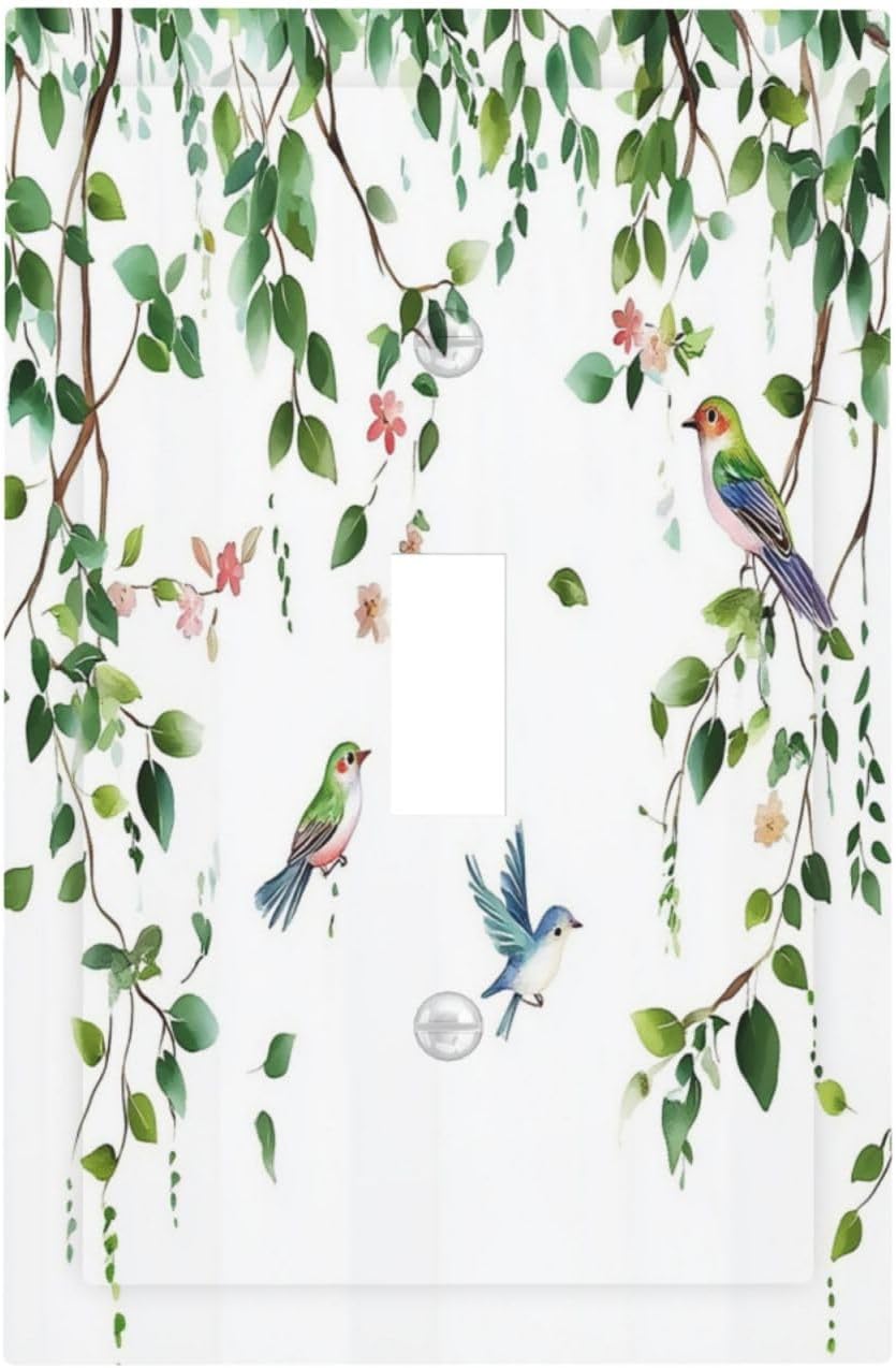 Decorative Light Switch Cover Green Leaves Bird Eucalyptus Sage Plant 1 Gang Single Toggle Device Electrical Faceplate Switchplates Decorator Outlet Wall Plate For Bed Room Living Room