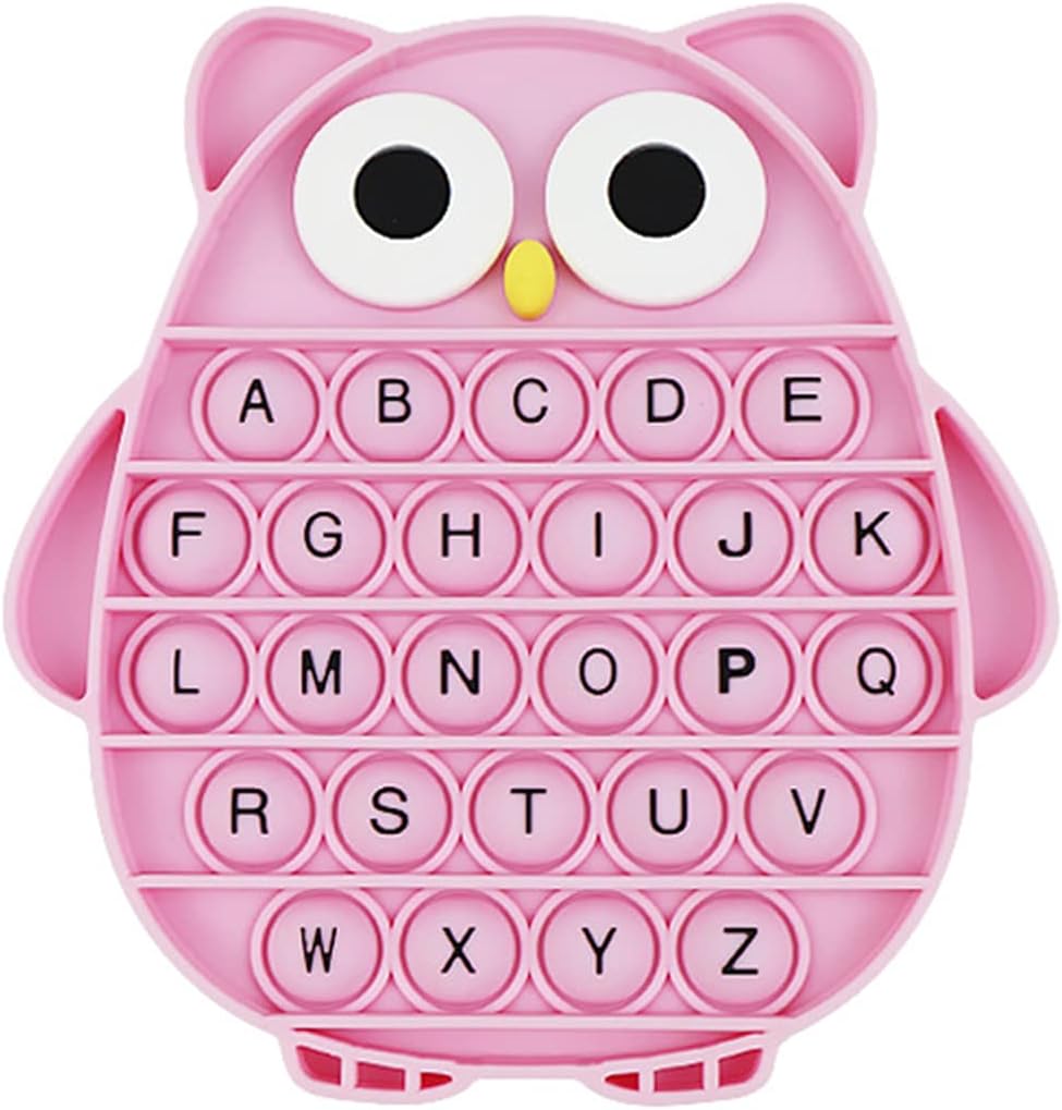 Push Pop Bubble Fidget Sensory Toy, Silicone Stress Relief Popping Toy, ABC Alphabet Owl Shaped Educational Learning Tools for Toddlers Kids Students (Black Letters-Pink)