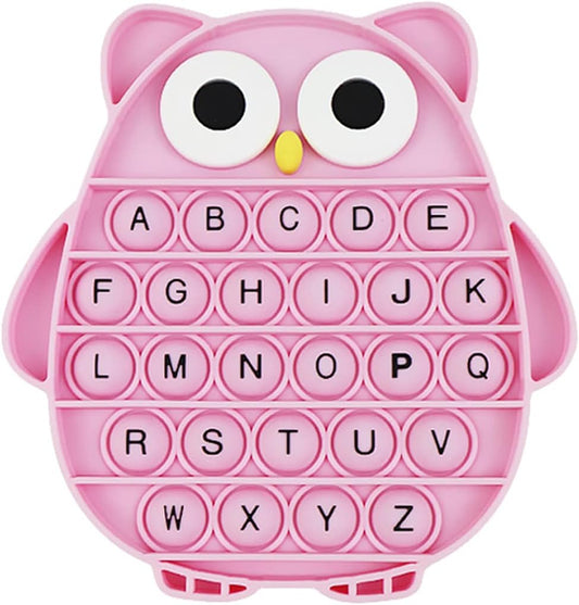 Push Pop Bubble Fidget Sensory Toy, Silicone Stress Relief Popping Toy, ABC Alphabet Owl Shaped Educational Learning Tools for Toddlers Kids Students (Black Letters-Pink)