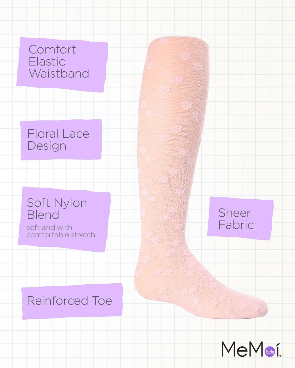 MeMoi Sweet Blossoms Sheer Tights for Girls, Ultra Soft and Lightweight Floral Lace Girls Tights - Sizes 2-14