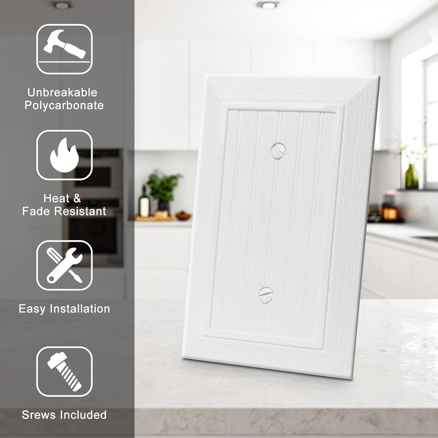 Modern Decorative Wall Plate Switch Plate Outlet Cover, Vintage Retro Wood Grain Design(Single Blank-4 Pack, White)