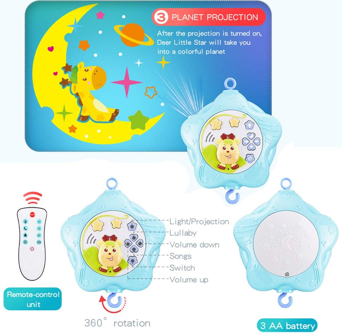 Baby Crib Mobile with Lights and Musicial, Remote, Projector, Newborn Gift for Ages 0+ Months (Blue-Bee)