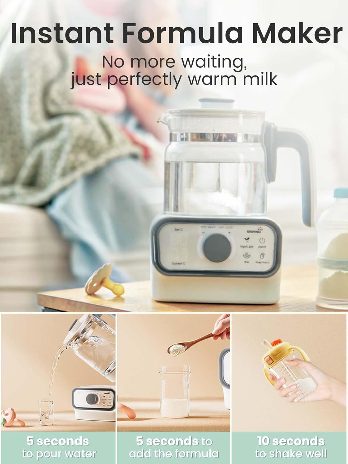 GROWNSY Baby Instant Warmer, Glass Water Boiler with Accurate Temperature Control for Formula, Coffee and Tea, 1.3 Liter Electric Kettle with LCD Display and Timer