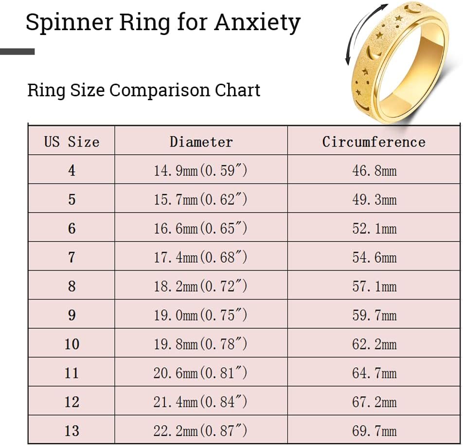 OreilleStar Anxiety Ring for Women Spinner Thumb Ring Stainless Steel Fidget Toys Adults Fidget Spinner Ring Moon Star Gold Size 10