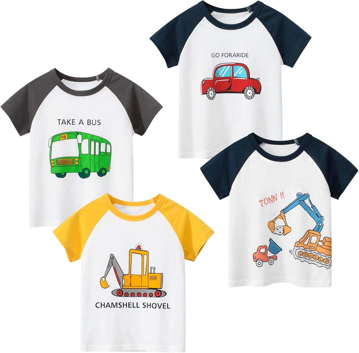 Boys' 4-Pack Excavator Short Sleeve Crewneck T-Shirts Top Tee Size 2-7 Years Toddler Boys' Value Pack Cotton T-Shirt
