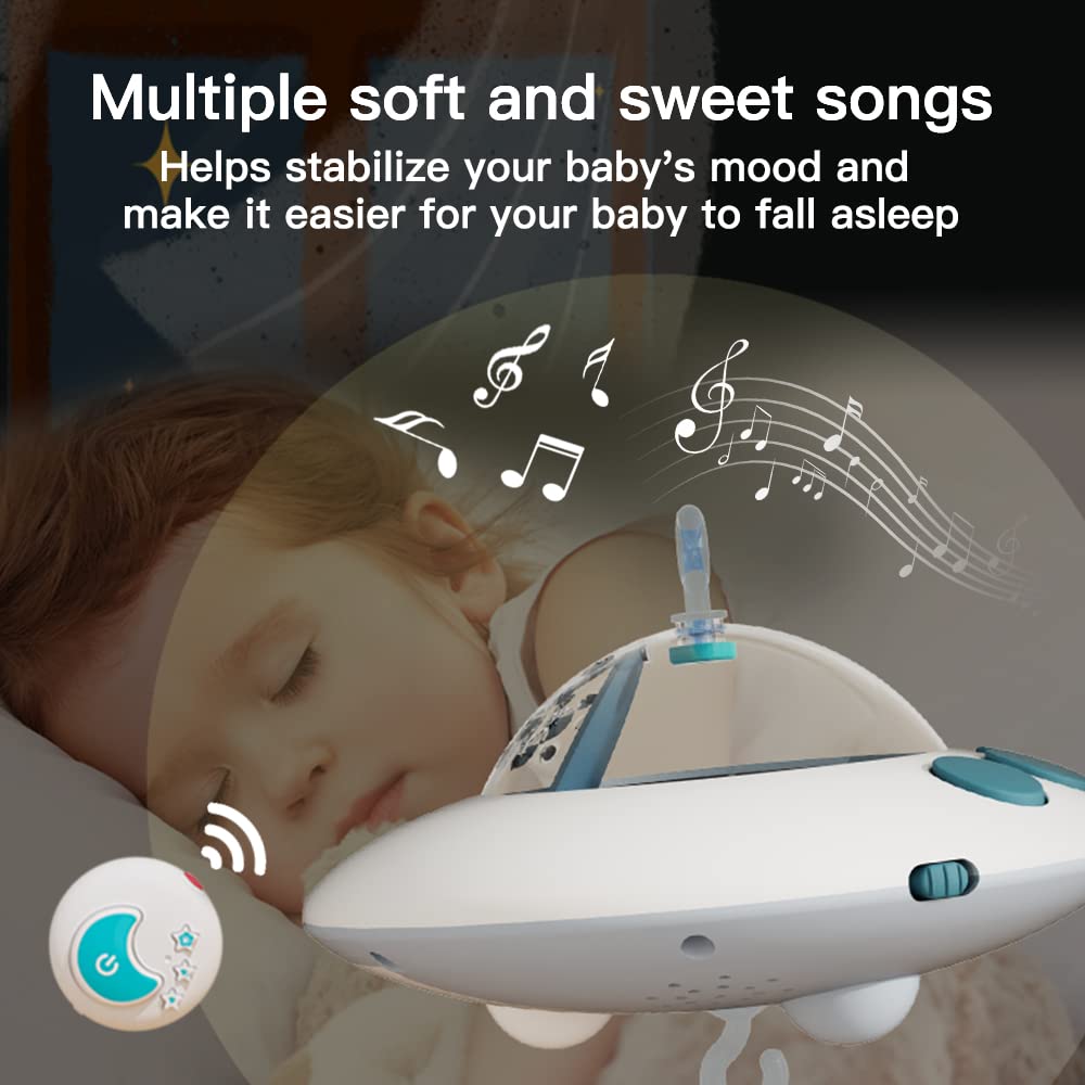 Baby Musical Crib Mobile with Night Lights and Relaxing Music,Hanging Rotating Animals Rattles,Stars Projection,Remote Control,for Boy Girl Newborn Baby Toys（Blue）