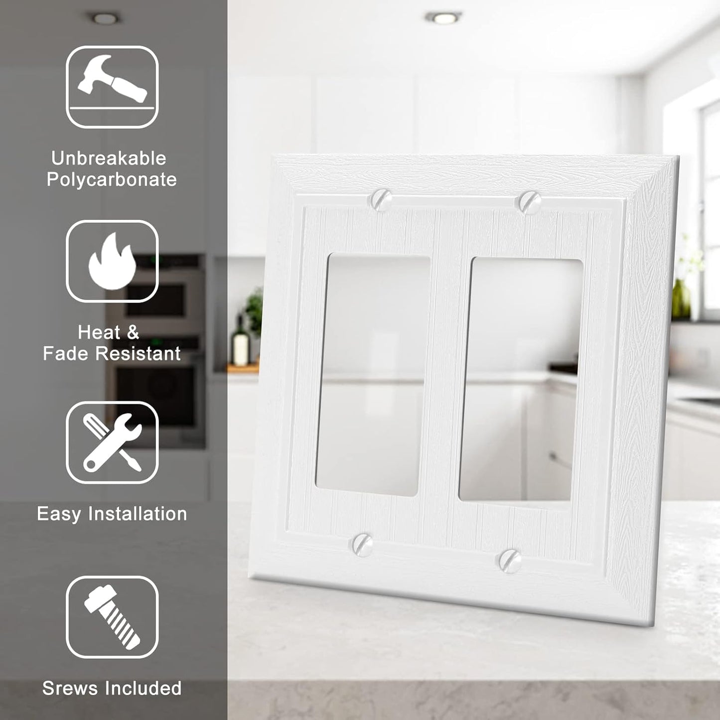 Modern Decorative Wall Plate Switch Plate Outlet Cover, Vintage Retro Wood Grain Design (Double Decorator-10 Pack, White)