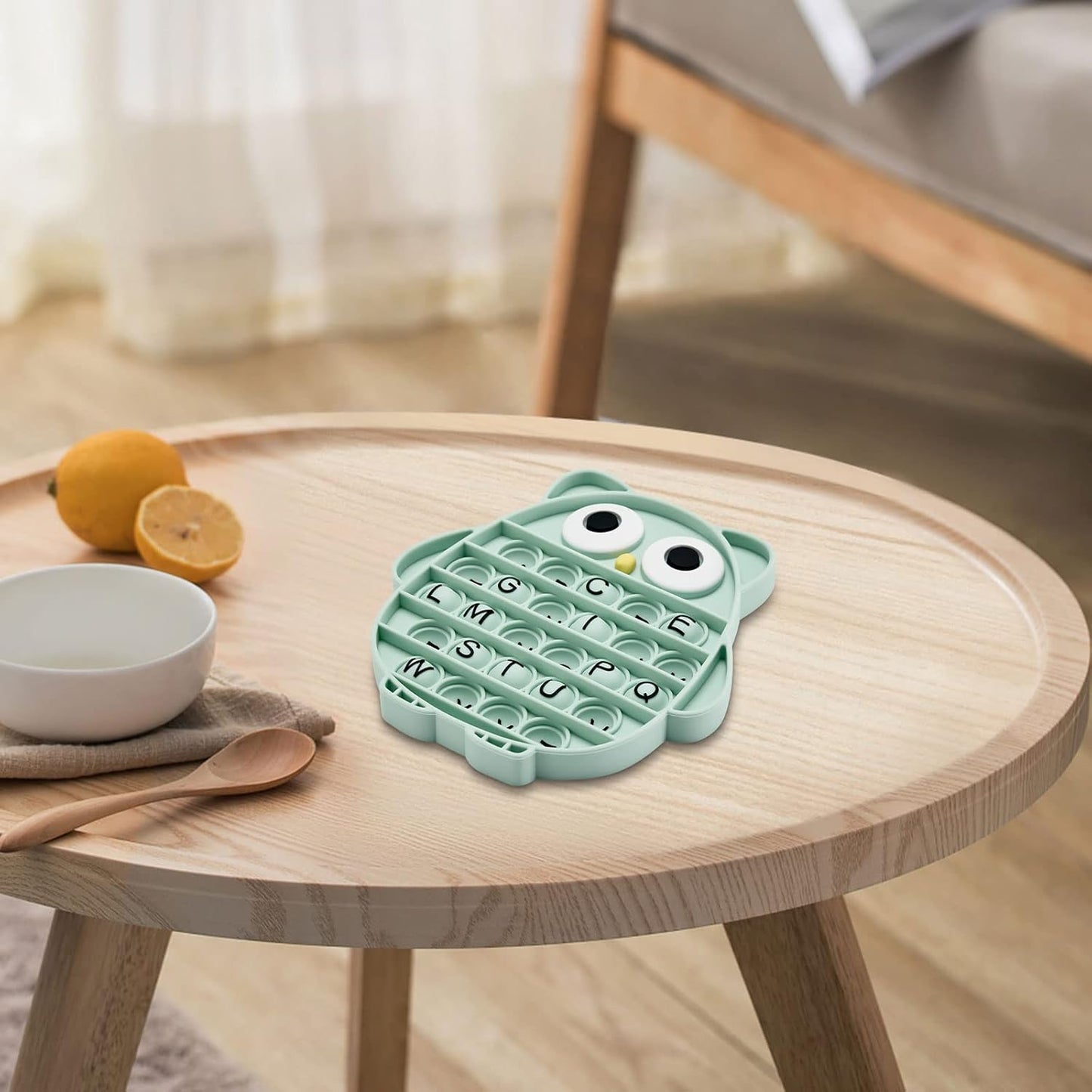 Push Pop Bubble Fidget Sensory Toy, Silicone Stress Relief Popping Toy, ABC Alphabet Owl Shaped Educational Learning Tools for Toddlers Kids Students (Black Letters-Green)