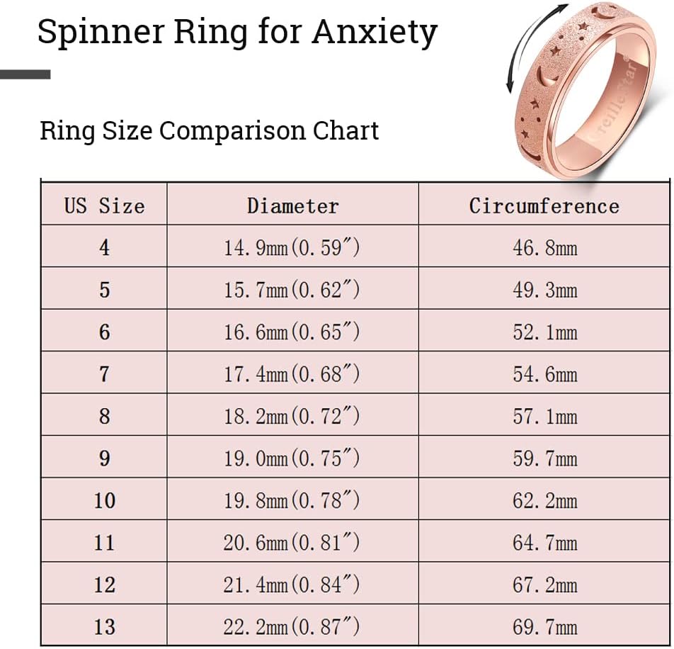 OreilleStar Anxiety Ring for Women Spinner Ring Fidget Toys Adults Fidget Ring Spinner Rings for Women Stainless Steel Anxiety Moon Star Rose Gold
