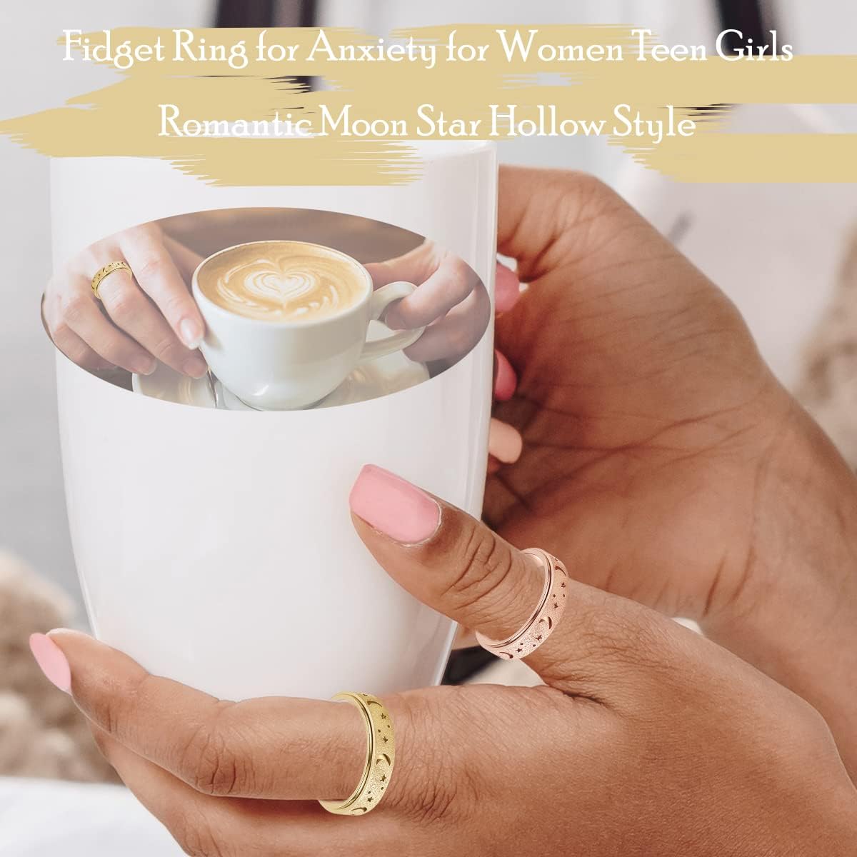 Anxiety Ring for Women Men, Titanium Stainless Steel Spinner Ring, 5 Colors, 6MM, Size 6-10, 3 Styles Anxiety Ring-Moon Star, Sandblasted Finished, Hollow Outer