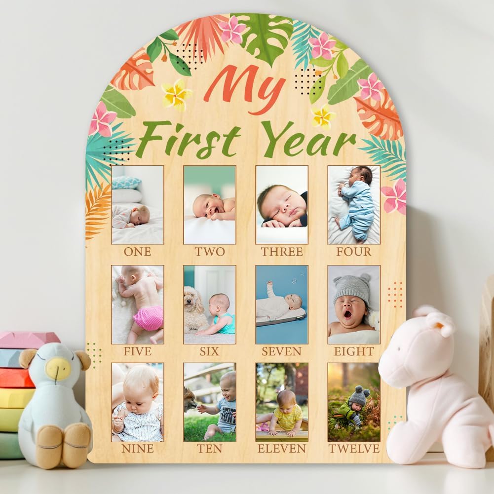 ORIGACH My First Year Baby Growth Photo Display Wood Board - 12 Months Newborn Milestones Photo Board - Neutral Baby Keepsake Board 1st Birthday Party Nursery Decor New Mom Gift - Tropical Leaves