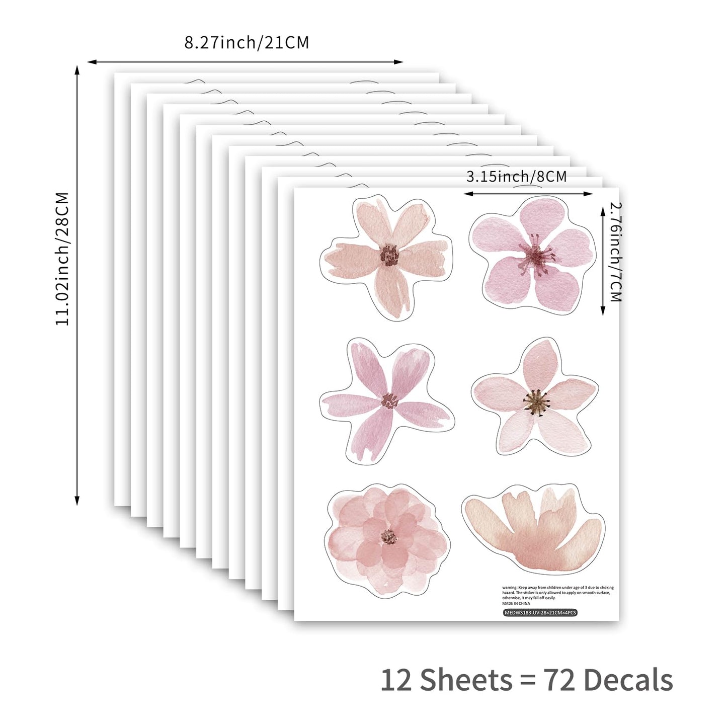 YouRfocus Daisy Wall Decals | 72 PCS Boho Flower Stickers for Girls' Rooms, Playrooms, and Nurseries | Dual Layer Print for High Coverage | Removable Peel and Stick Wall Decor (Pink-A) | 12 Sheets