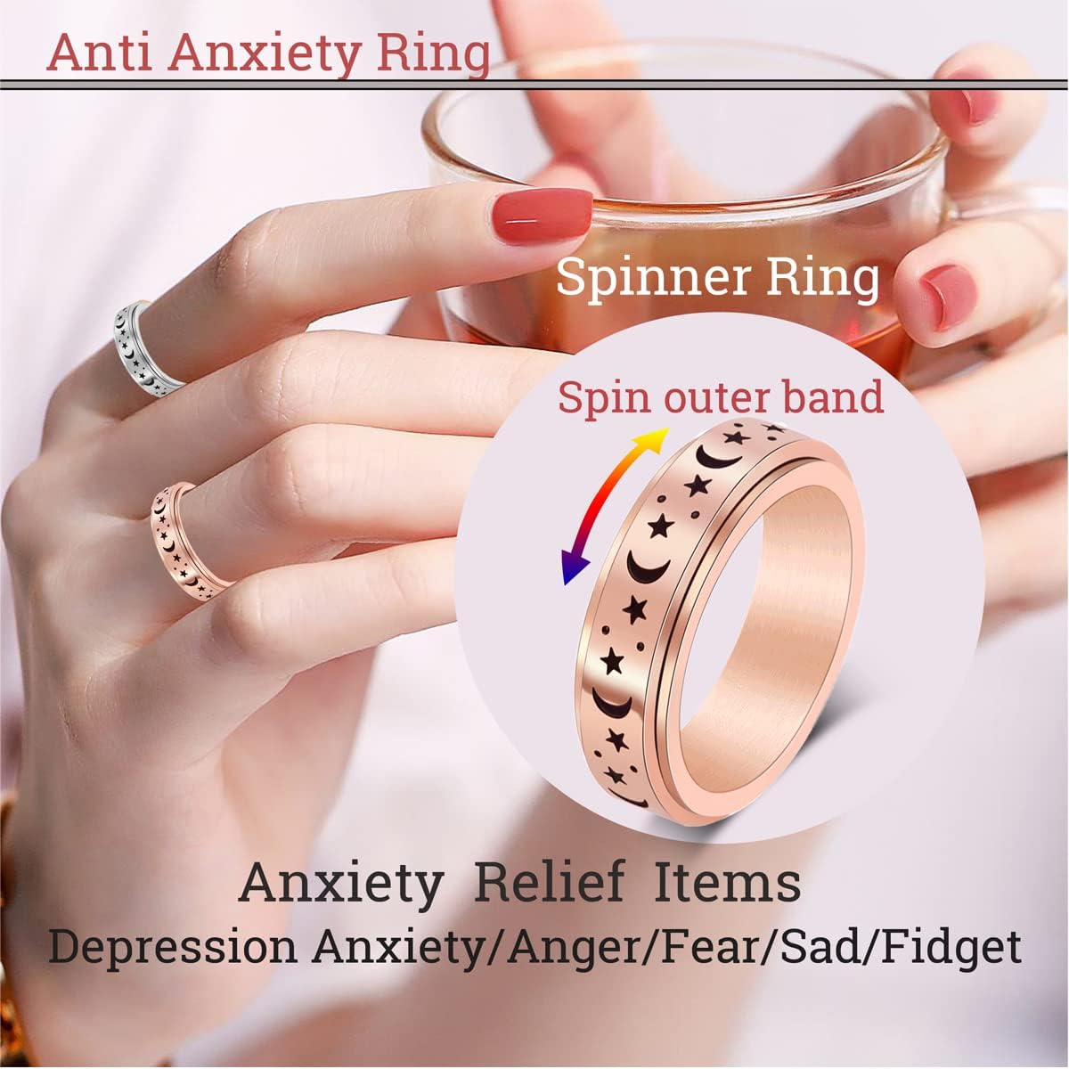 Anxiety Ring for Women Men, Titanium Stainless Steel Spinner Ring, 5 Colors, 6MM, Size 6-10, 3 Styles Anxiety Ring-Moon Star, Sandblasted Finished, Hollow Outer