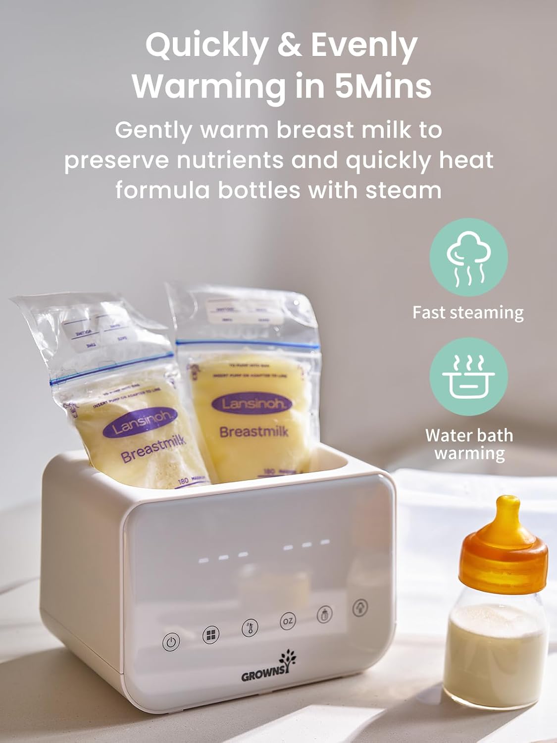 Baby Bottle Warmer, Grownsy 10-in-1 Fast Bottle Warmer Accurate Temp Control, with LCD Display, Timer, Defrost, Sterili-zing, Keep 24H, Double Bottle Warmer for Breastmilk& Formula, Heat Baby Food