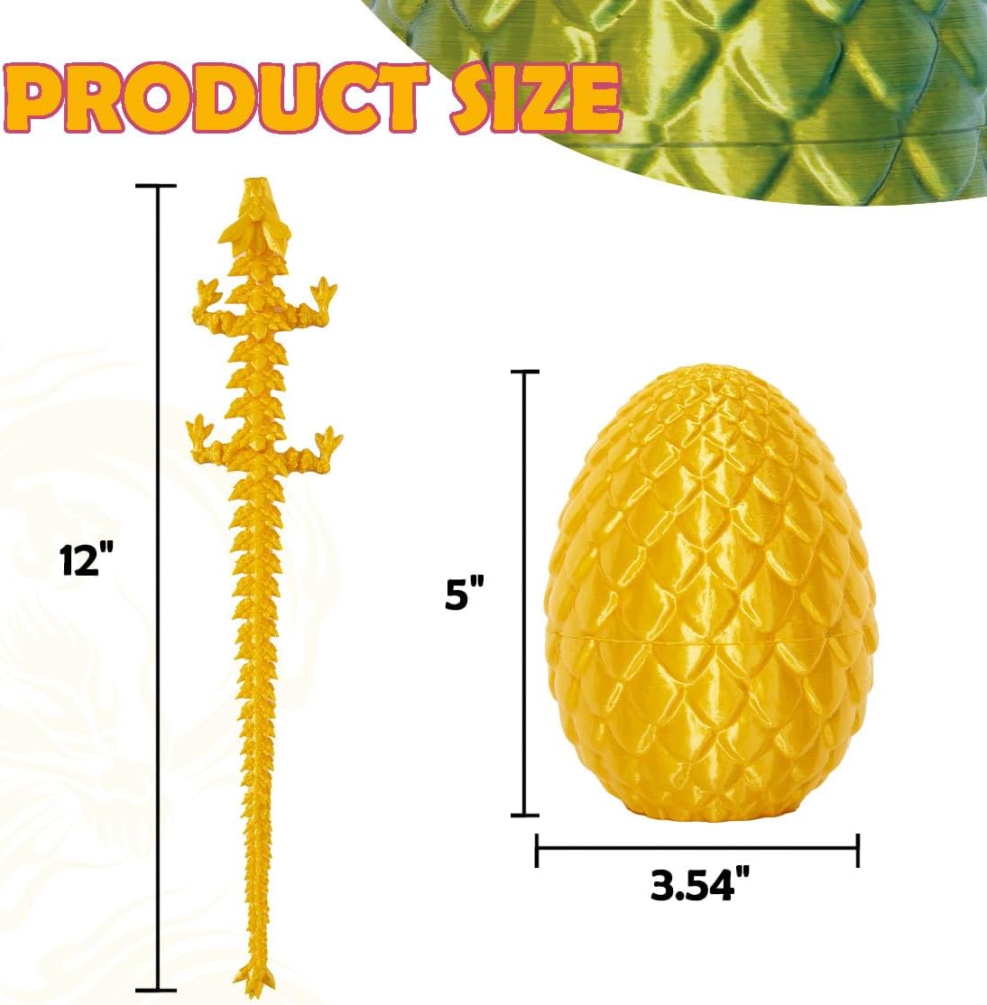 3D Printed Dragon Eggs with Dragon Inside, 12In Silk Gold Dragon Egg Fidget Toy, Executive Desk Articulated Dragon Toy, Home Office Decoration