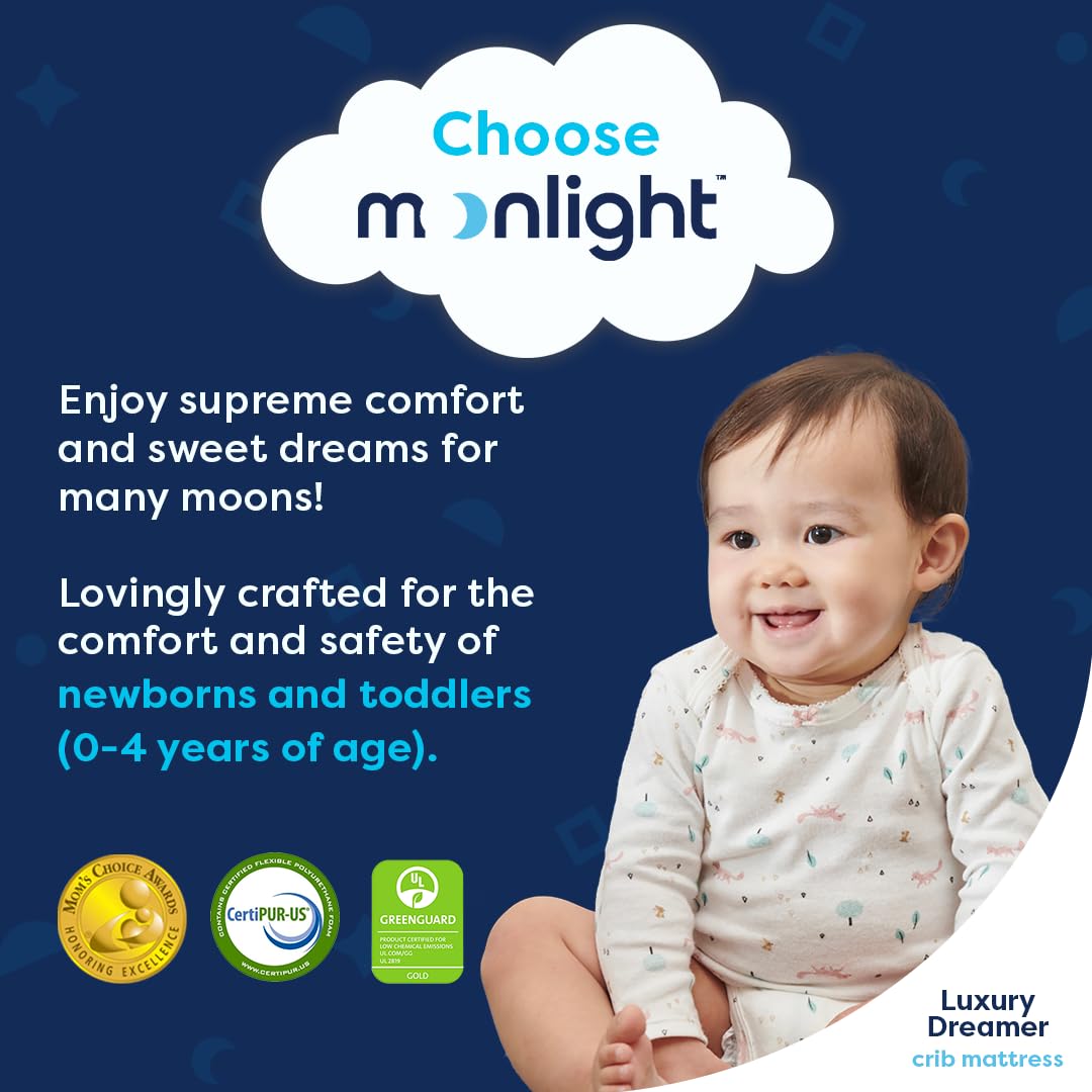 Moonlight Slumber Luxury Dreamer Crib Mattress - Dual-Sided, 2-Stage Baby and Toddler Mattress with Cool Memory Foam Layer and Breathable Mattress Cover - Hypoallergenic and Waterproof - 52"x27.5"x6"
