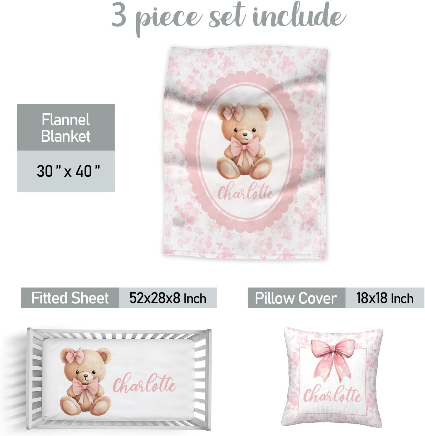Custom Name Baby Girl Crib Bedding Set – Personalized 3-Piece Bear with Pink Bow Nursery Set with Soft Blanket, Fitted Crib Sheet & Pillowcase – Infant Toddler Bedding Gift for Newborn