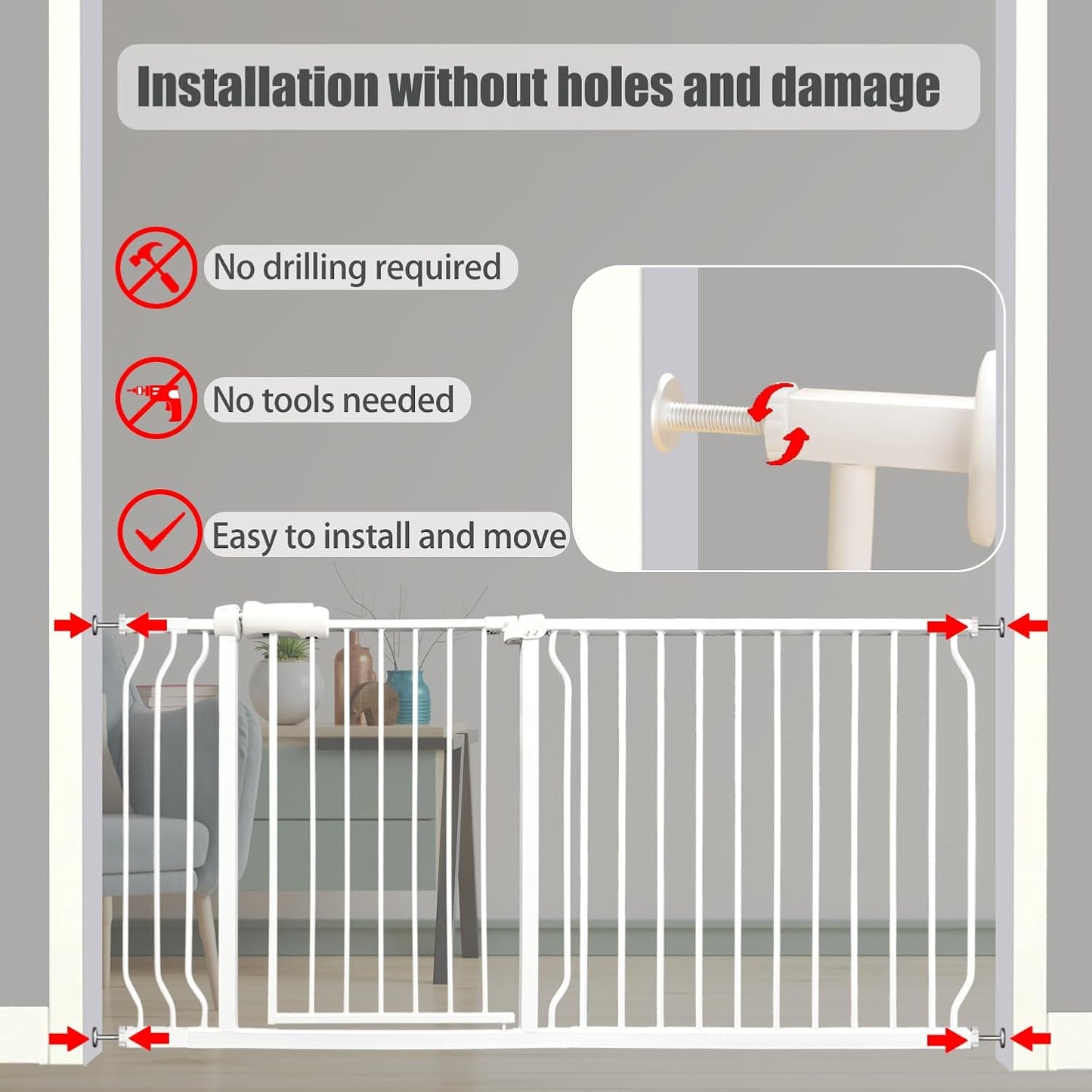 Heavy Duty Baby & Dog Safety Gate, Extra Wide 85.8-90.5 Inch,White Metal, Tension Mounted No Drilling Pet Gate for Large Openings