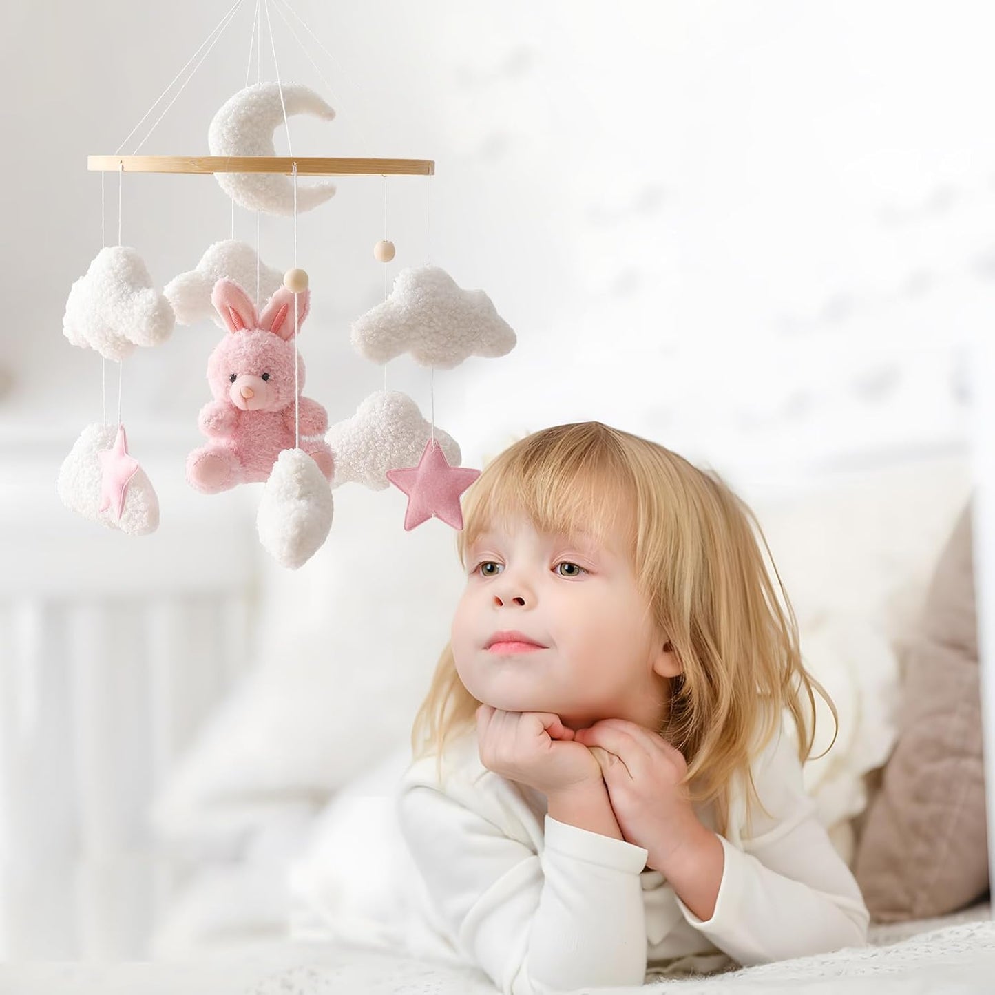 EERKEOD Baby Crib Mobile Bunny Nursery Mobile for Boys Girls Teddy Velvet Mobile Nursery Decor for Infant Bedroom Hanging Baby Mobile for Bassinet Newborn Baby Gift（Pink Bunny）