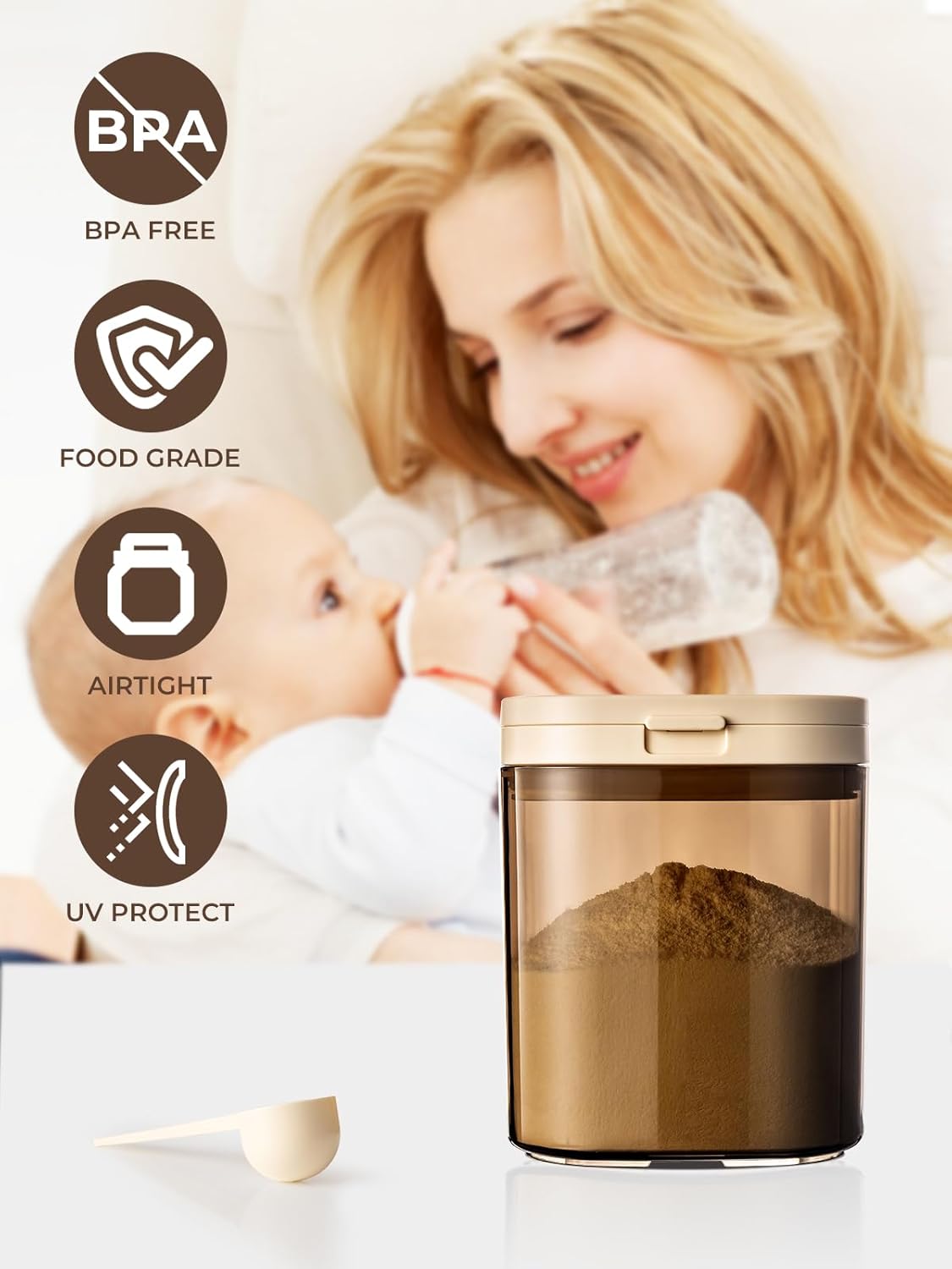 Travel Formula Dispenser, 1200ml Portable Milk Powder Container Formula Holder, Flip Top Formula Container to Go with Magnetic Spoon & Date Marker, 21OZ, 1.32LB, 600g, Brown