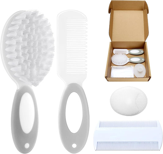 Baby Hair Brush and Comb Set, 4Pcs Baby Soft Bristles Brush Cradle Cap Brush Hair Comb for Newborns Toddlers Boys Girls (Grey)