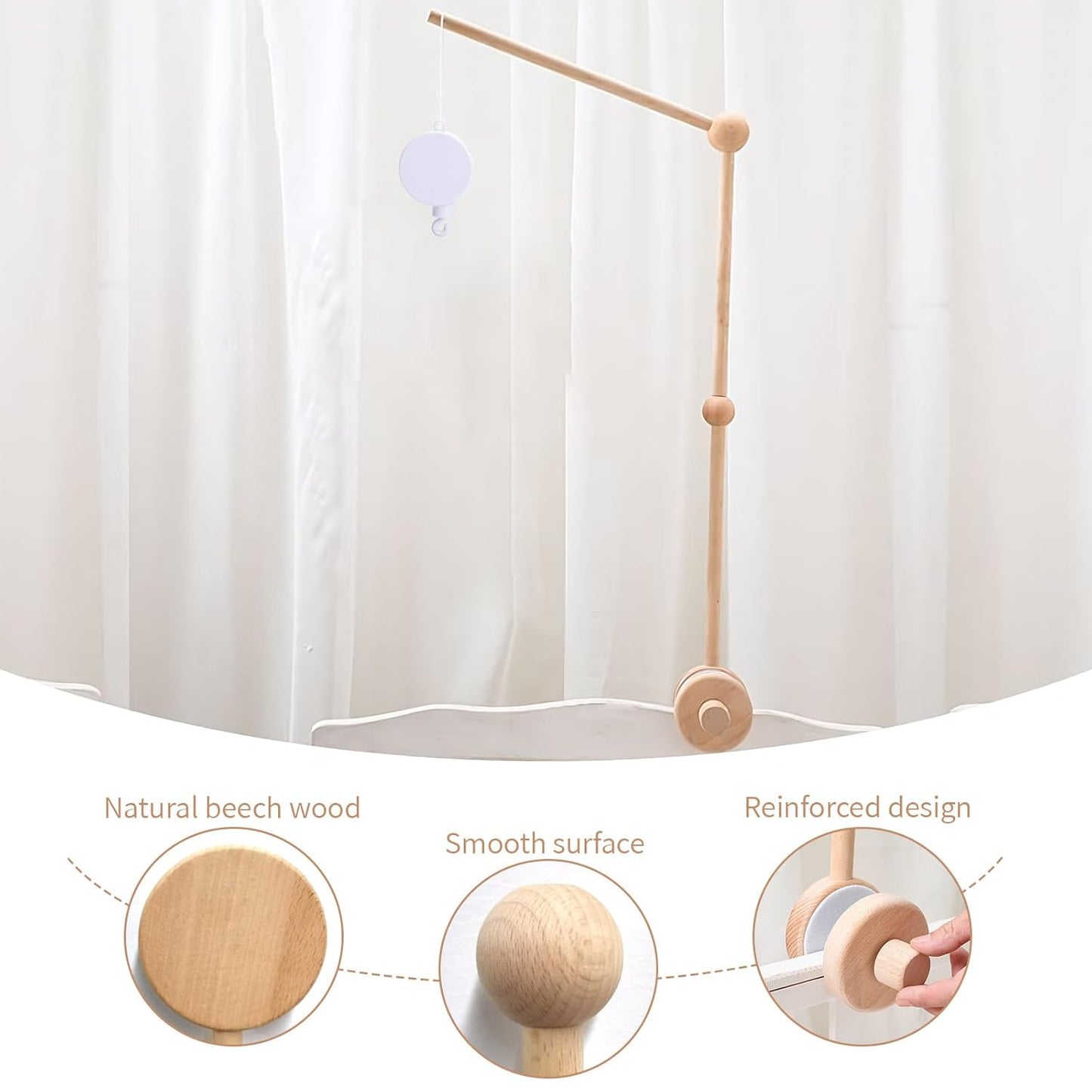 Baby Crib Mobile Arm Wooden Holder with Rotating Music Box Nursery Decor Attachment Safe Anti Slip Set for Baby Girls Boys Nursery Decor