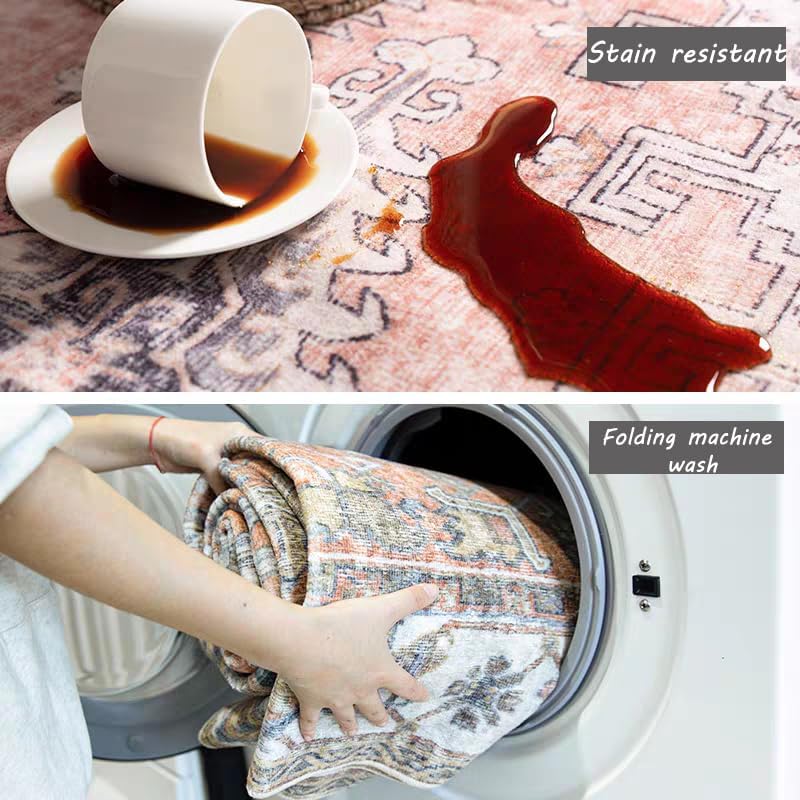 4x6 Washable Vintage Area Rug Tangerine Traditional Floor Cover Foldable Rug Retro Kitchen Accent Rug Indoor Distressed Non Slip Carpet Floral Print Mat Bedroom Living Room Bathroom