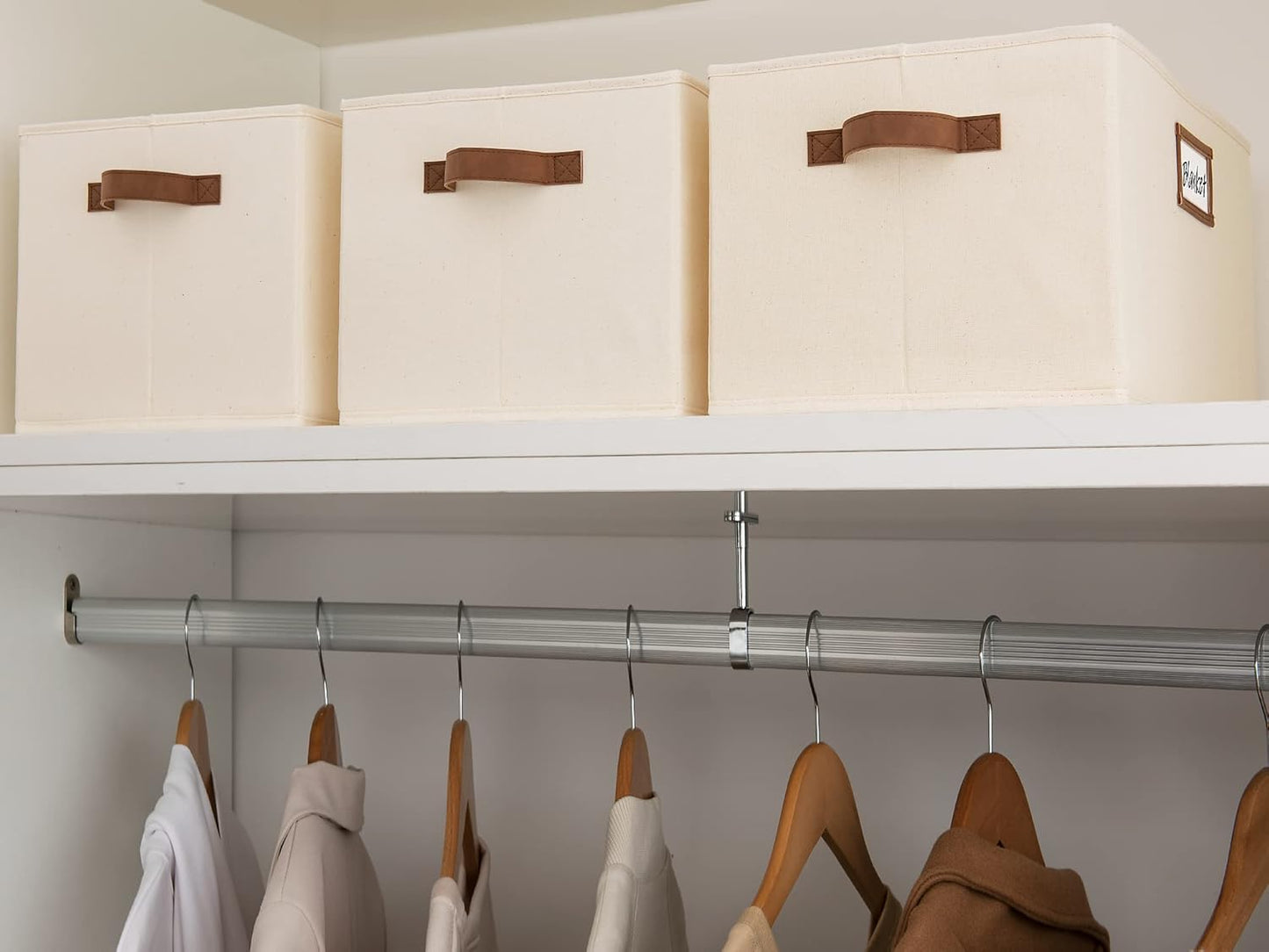 StorageWorks Storage Baskets for Shelves, Foldable Fabric Closet Storage Bins with PU Handles, Fabric Storage Bins Clothes Organizer, Ivory White, 3-Pack, Extra Large